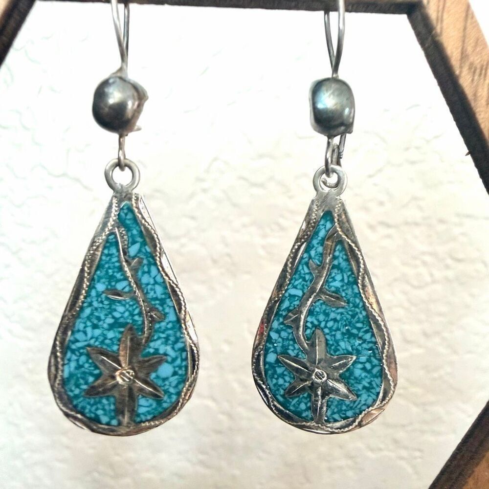 Vintage Sterling Turquoise Inlay Floral Teardrop Dangle Earrings